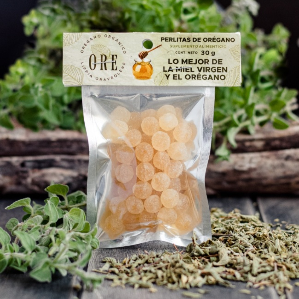 Perlas de aceite de orégano y miel en paquete de 30 g.