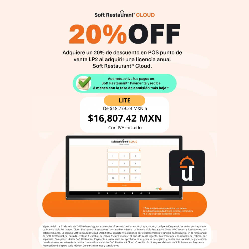 Soft Restaurant® Cloud 20% de descuento LITE