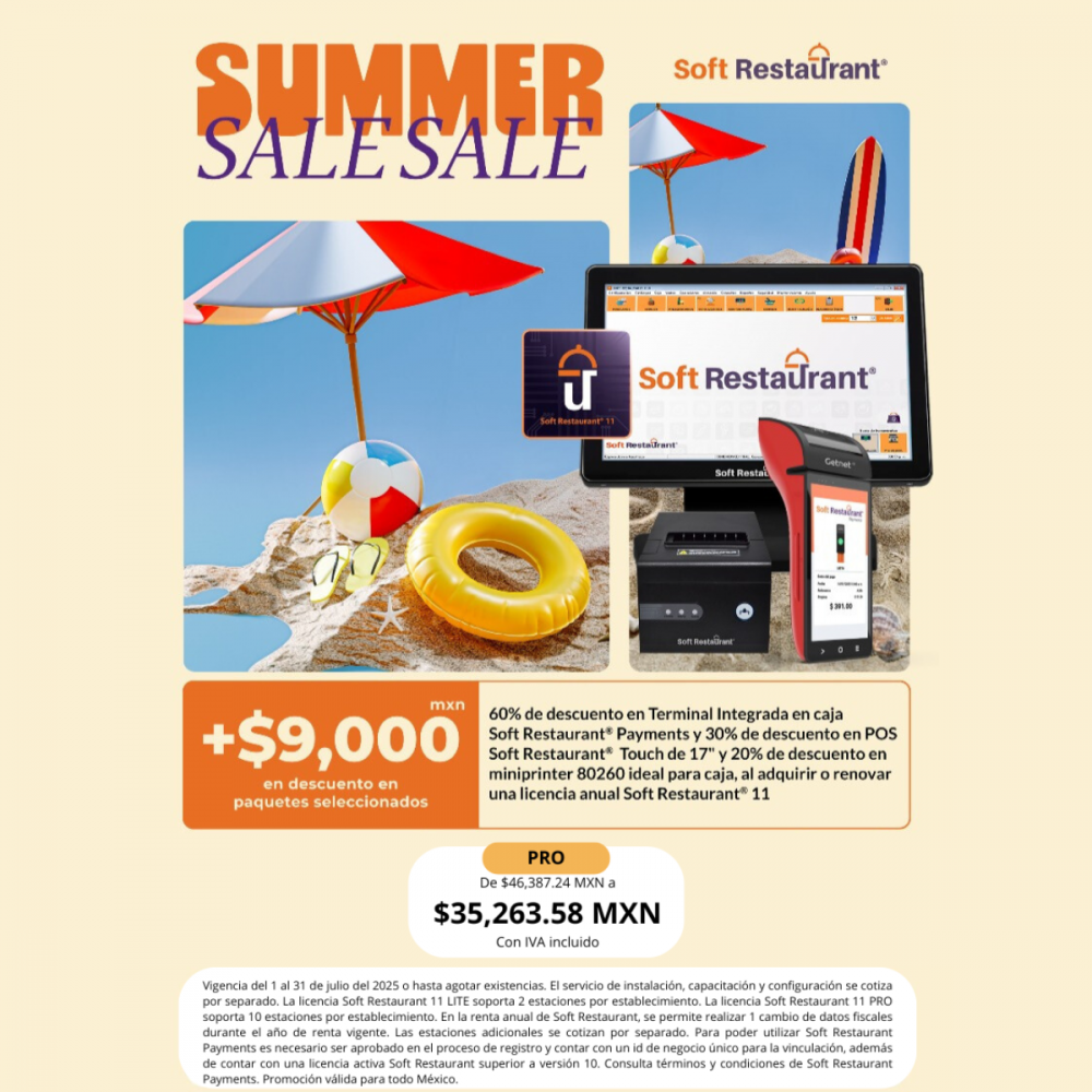 Soft Restaurant Summer Sale descuento en adquisición o renovación. PRO